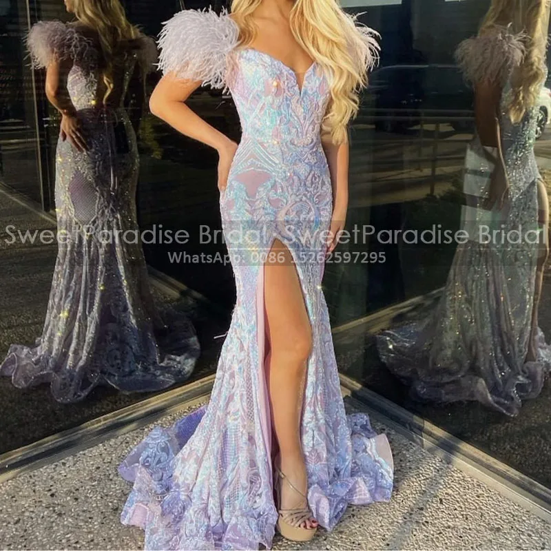 

Женское вечернее платье с разноцветными блестками, длинное прозрачное платье-Русалка с высоким разрезом, открытыми плечами и перьями, плат...