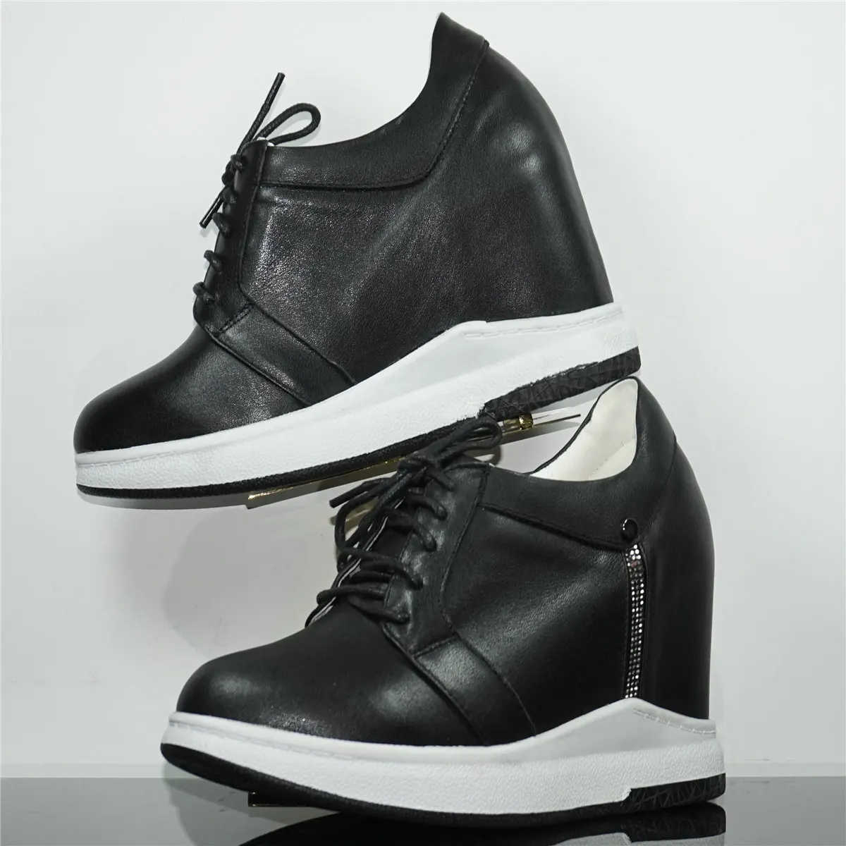 Fashion Sneakers Women Lace Up Genuine Leather Wedges High Heel Vulcanized Shoes Female Round Toe Platform Pumps Casual Shoes