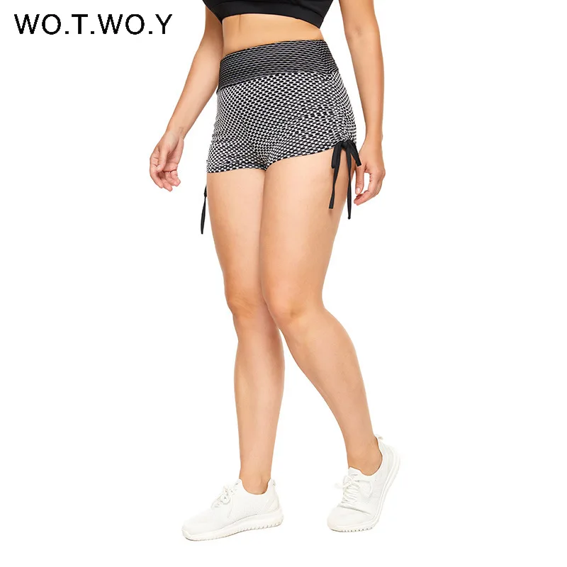 

Женские шорты в клетку Wo. T. W o.y, эластичные обтягивающие шорты с завышенной талией для фитнеса, в персиковом стиле, с завязкой на подоле, лето ...