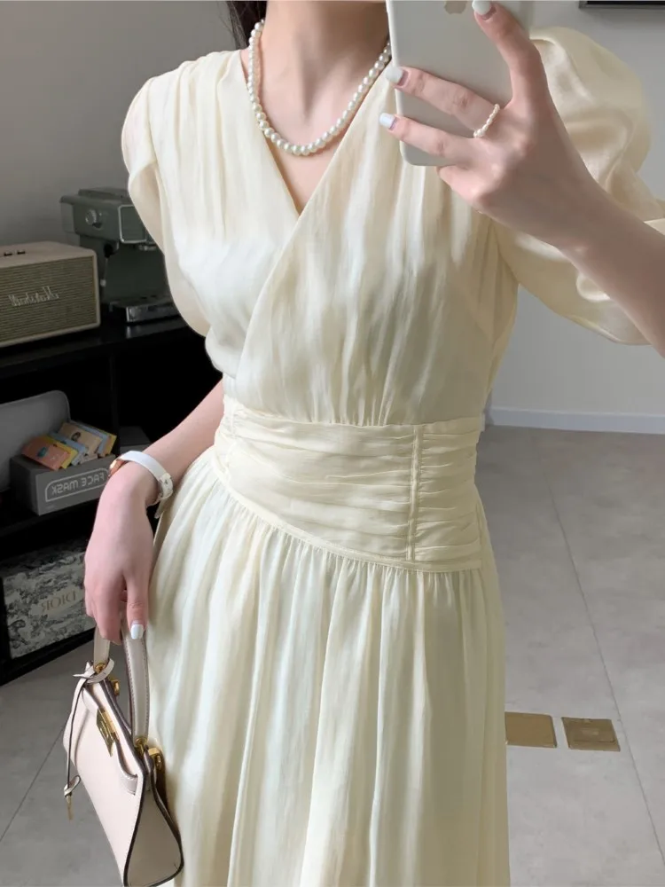 

Summer Elegant Women Puff Sleeve Dress For Prom French Chiffon V-neck New Clothing In 2023 Fashion Office Lady Fiesta Robe