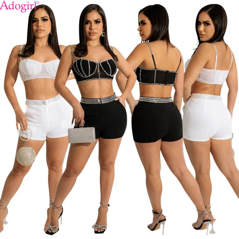 

Adogirl Diamonds Two Piece Set 2022 Summer Women Sexy Club Suit Mesh Patchwork Work Spaghetti Straps Crop Top + Shorts Tracksuit