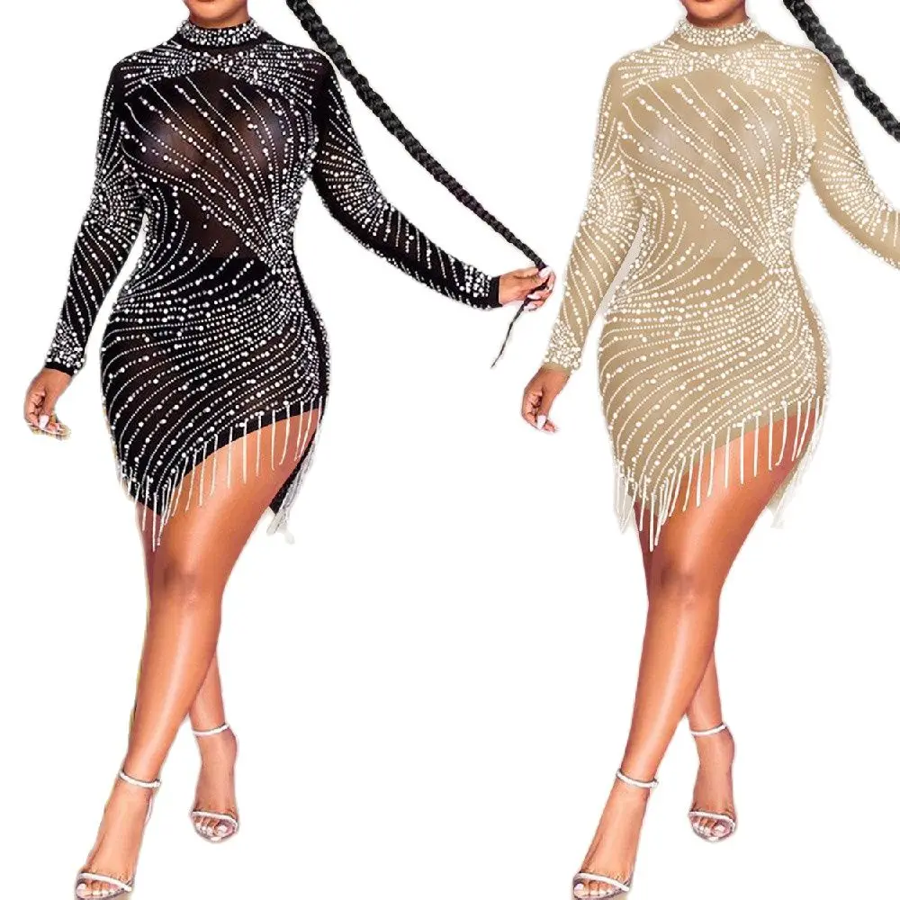 

2022 Sexy Nightclub Mesh Perspective Ironing Diamond Bubble Beads Fringed Round Neck Long-sleeved Black Dress Drop Shipping