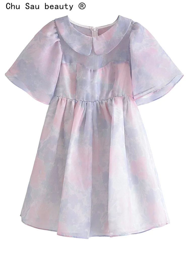 

2022 New Fashion Summer Vintage Princess Tie Dye Print Organza Lapel Flying Sleeve Woman Swing Dress Fairy