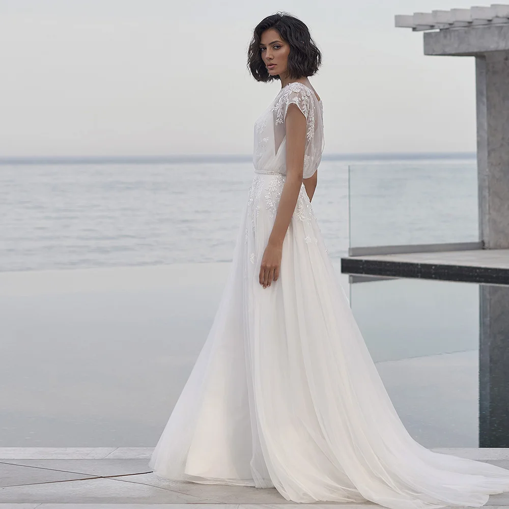 

Boho Wedding Dresses 2023 New Arrivals Cap Sleeves Applique Beading Long Bride Dress Sweep Train A-Line Elegant Party Gowns