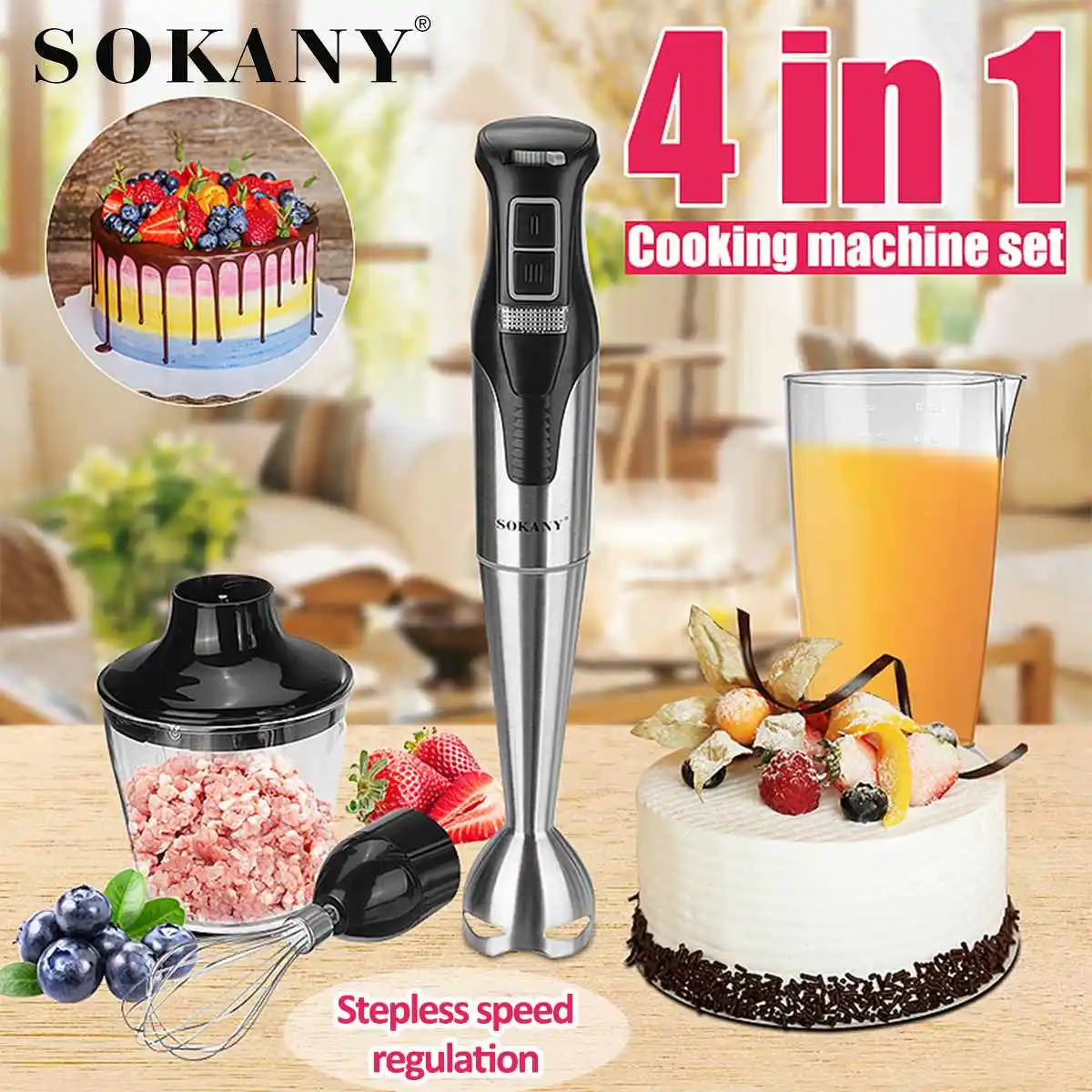 

SOKANY 4 in 1 High Power 1000W Immersion Hand Stick Blender Mixer Includes Chopper and Smoothie Cup Stainless Steel Ice Blades