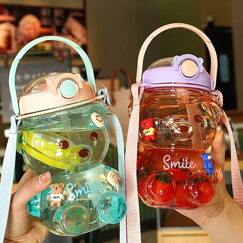 Cute Bear Water Bottle Girls Summer Straw Kettle Strap Portable Plastic Cup Creative Gift Large Capacity Cup 1L/1.4L