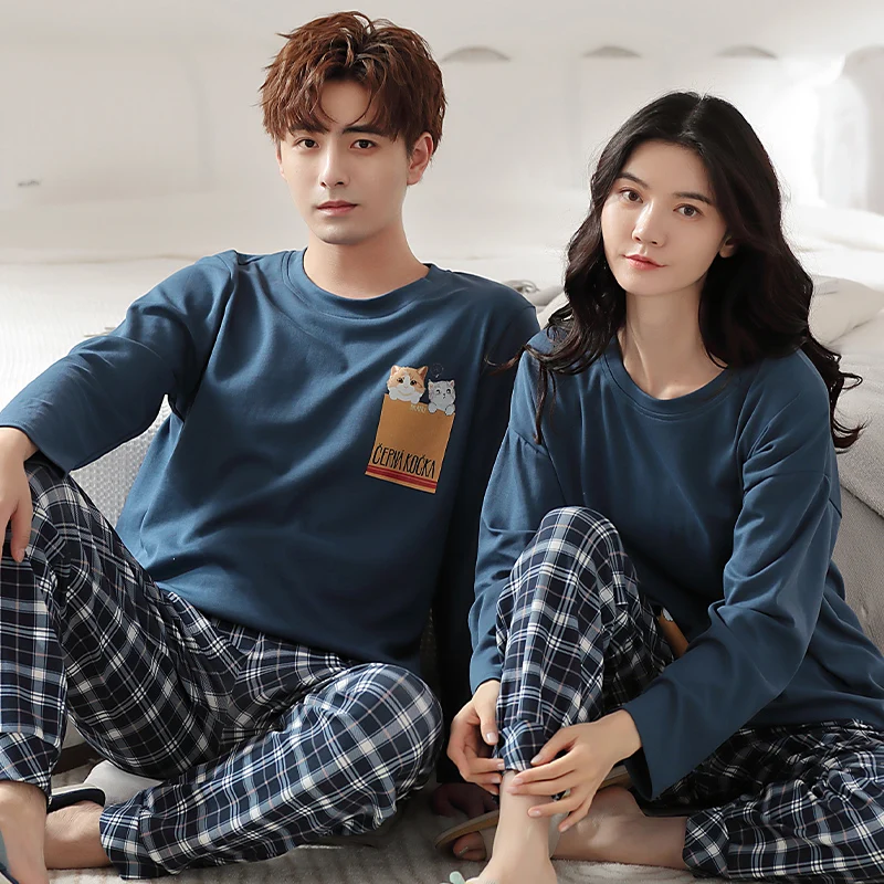 

New Autumn Cotton Couple Pajamas Set Cute Cartoon Sleepwear Long Sleeve O-neck Sweet Comfortable Soft Loose Lovers Leisure Wear
