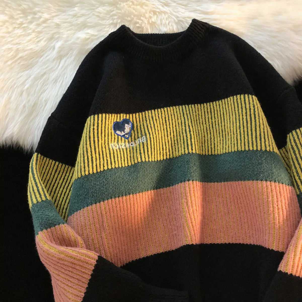 

2021 Gothic Hip Hop Fashion Color Block Striped Sweater Women Warm Winter Long Sleeve Tops Oversized Harajuku Couples Streetwear