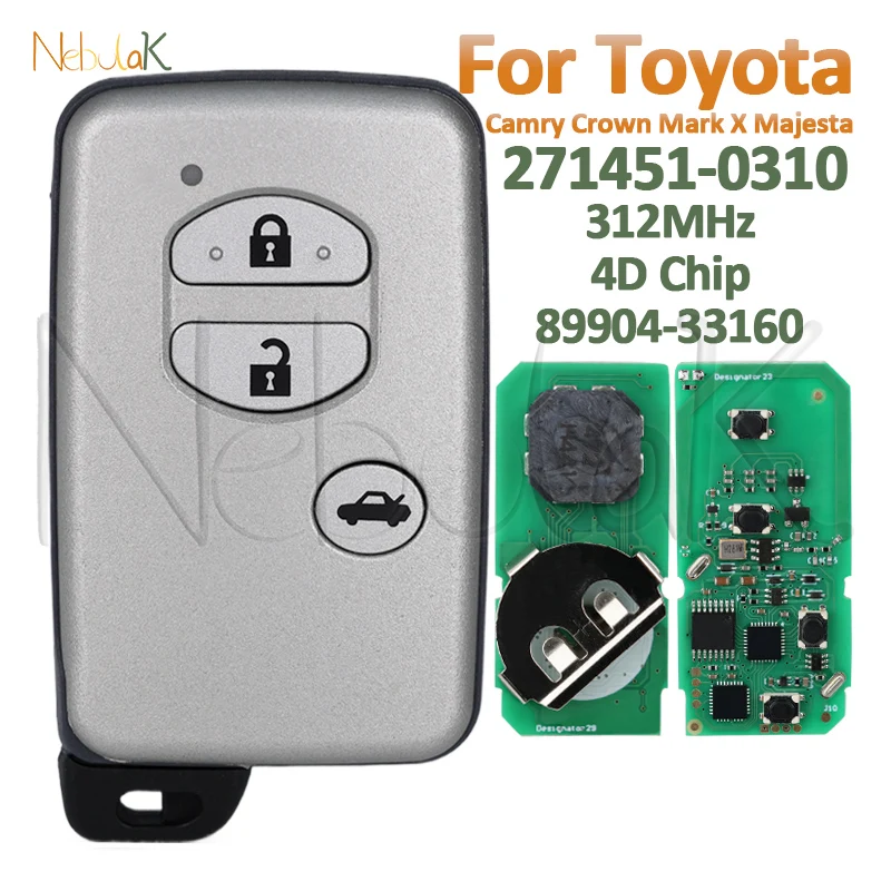

Ключ смарт-карты для Toyota Camry Crown Mark X Majesta, японский импортный 2005-2010, дистанционный автомобильный брелок, 312 МГц, 4D чип 271451 -0310 Логотип