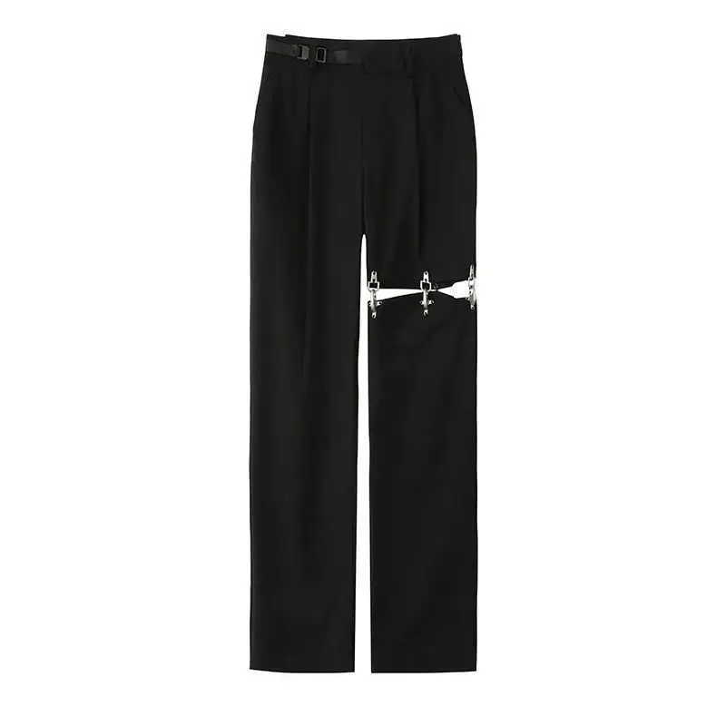 Spring Black Cargo Pants Women Hollow Out Wide Leg Pocket Trousers for Female Floor Length Goth Hip Hop Cargo Pants Women K88