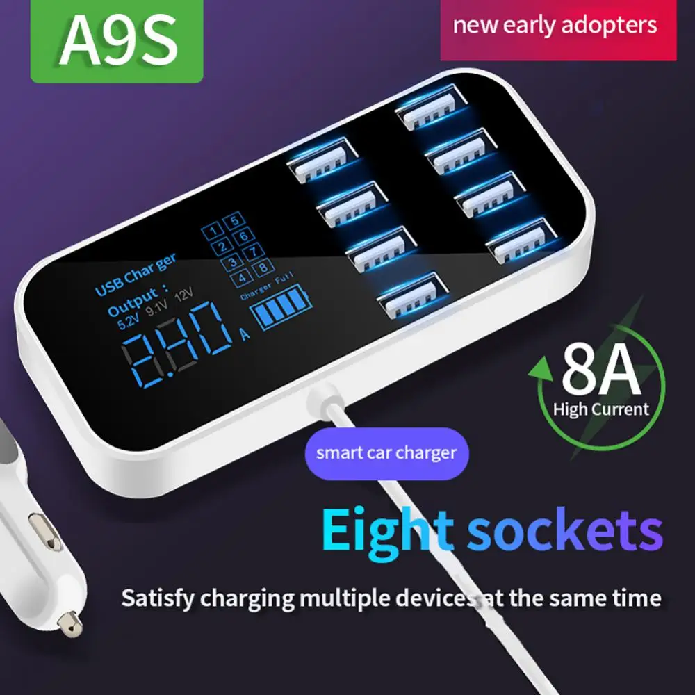 

Universal Multi-Port USB Charger Car 8USB Cigarette Lighter Charger Car Hub With LCD Display Ultra-thin USB Car Charger Adapter
