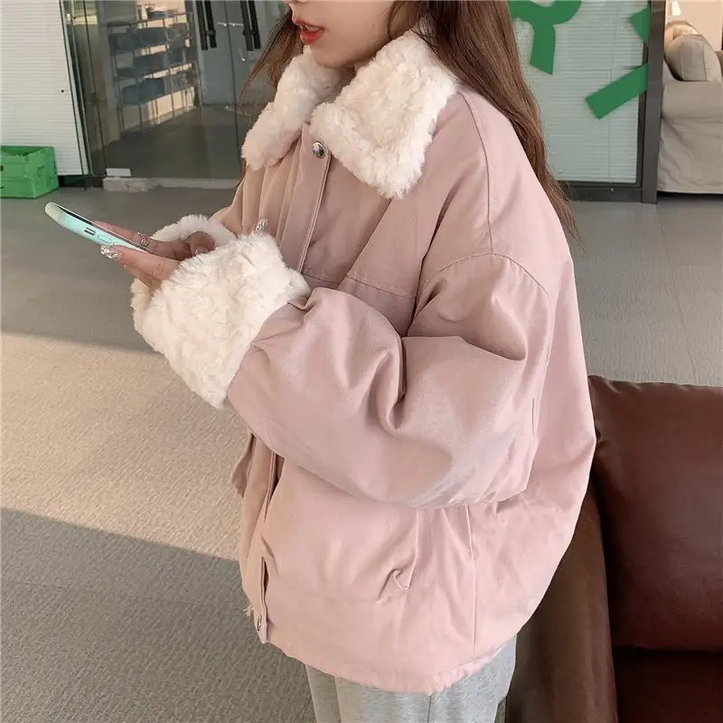 Deeptown Women Jackets Kawaii Harajuku Lambs Wool Oversize Coat Thicken Cropped Padded Cotton Jacket Winter Parka with Fur Sweet