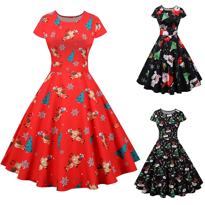 

Women's Fashion Christmas Round Neck Short Sleeve Long Casual Printed Big Swing Dress