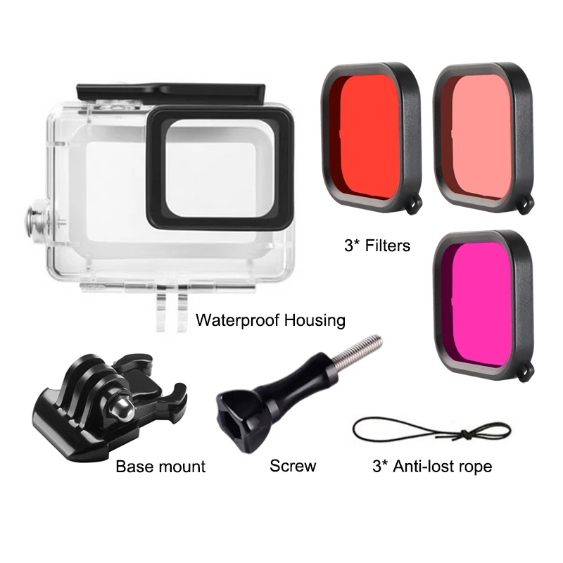 Купи 45m Waterproof Housing Filters Kit Red Magenta Lens Filter for GoPro Hero 5 6 7 Black Camera Shell Case Accessory за 779 рублей в магазине AliExpress