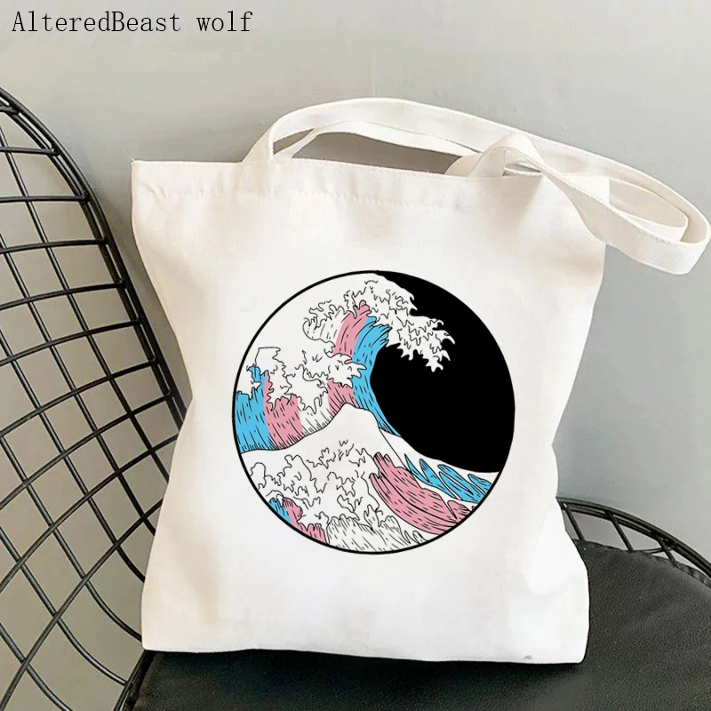 

Women Shopper bag trans pride wave Printed Kawaii Bag Harajuku Shopping Canvas Shopper Bag girl handbag Tote Shoulder Lady Bag