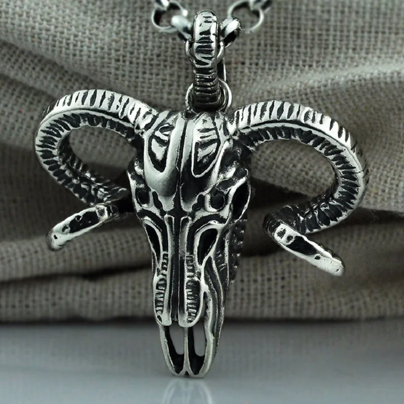 

Real Silver Retro Sheep Head Skull Necklace Pendant Man S925 Sterling Silver Personality Punk Chain Pendant Jewelry Gift