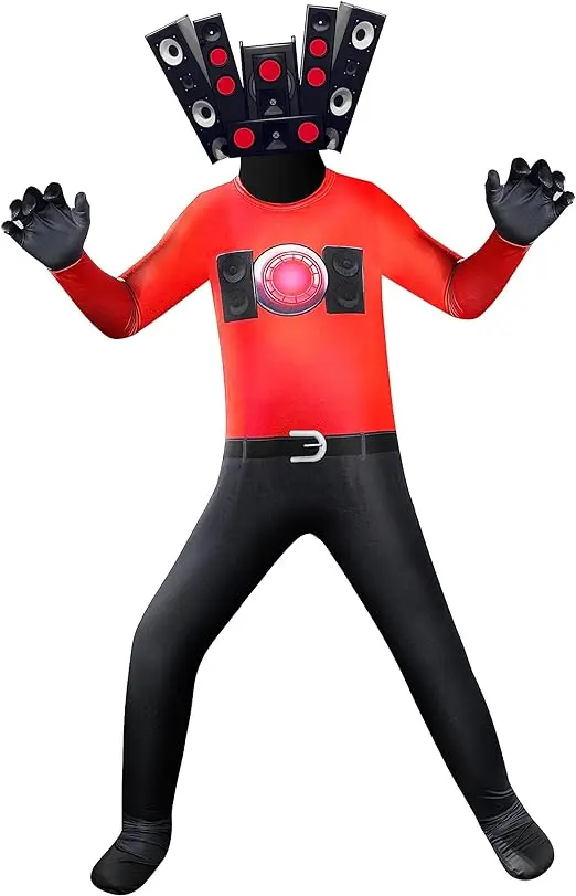 

Skibidi Toilet Boys Costume Halloween Cosplay Party Bodysuits with Headwear Cartoon Game Outfit for 5-12 Years Kids