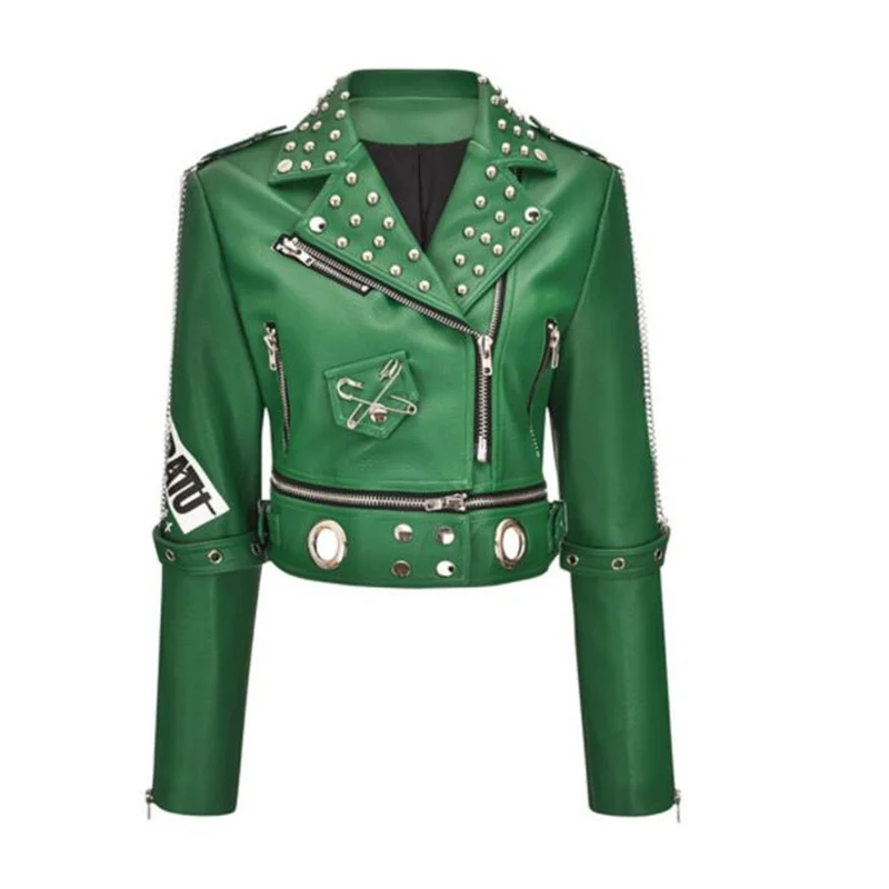 Motorcycle leather jacket women's pu coats winter heavy industry rivets fashion punk short clothes slim куртка весенняя green