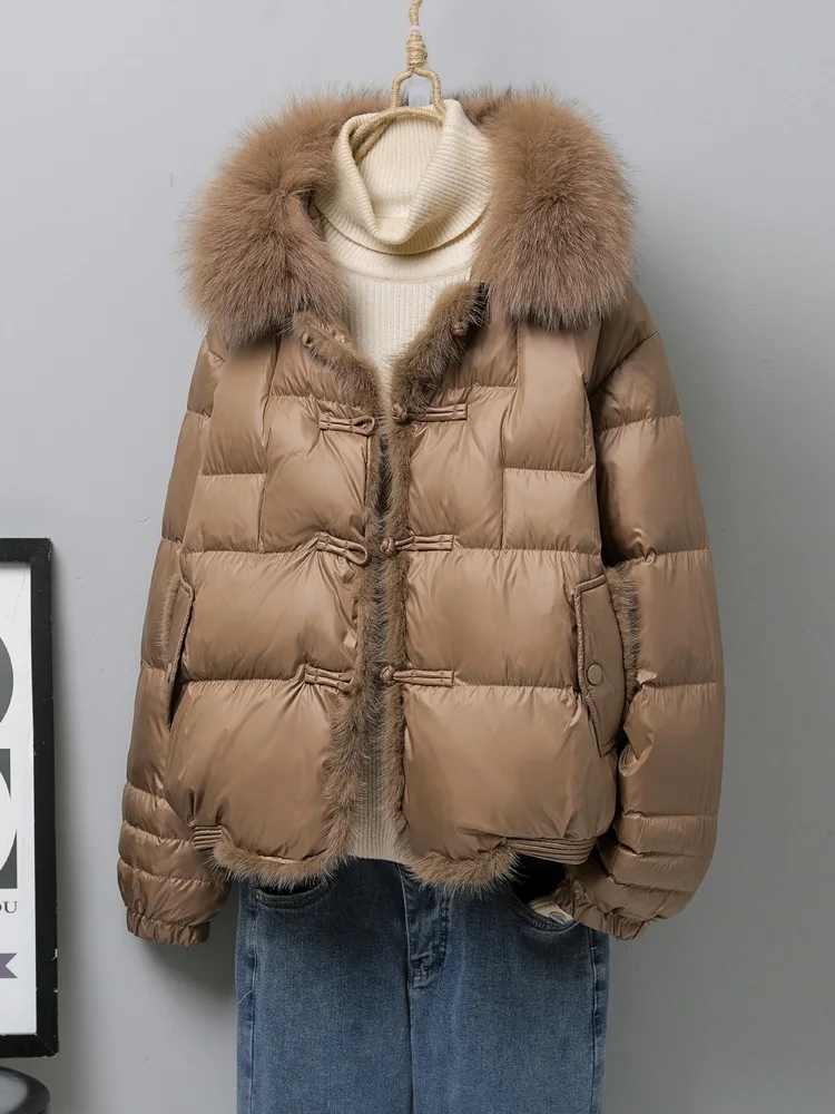 Winter Women Real Fox Fur Collar 90% White Duck Down Jacket Ladies Warm Puffer Coat Female Vintage Button Thick Parkas