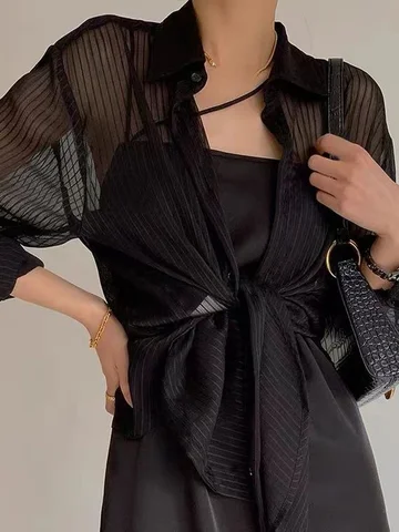 2023 New Women Striped Blouse Shirts Fashion Black See Through Button Turn-down Collar Top Harajuku Oversized Women Sexy Shirt