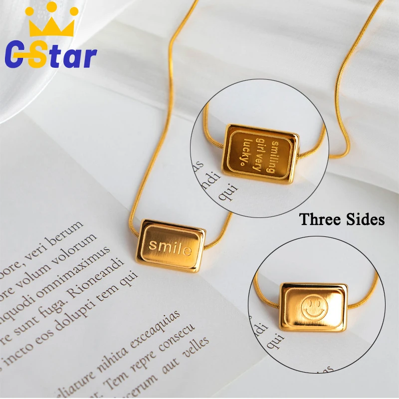 

Stainless Steel Necklace For Women Diamond Smiley Face Three Sides 18K Gold Color Necklace Snake Chain Korea Fashion 2022 Trend