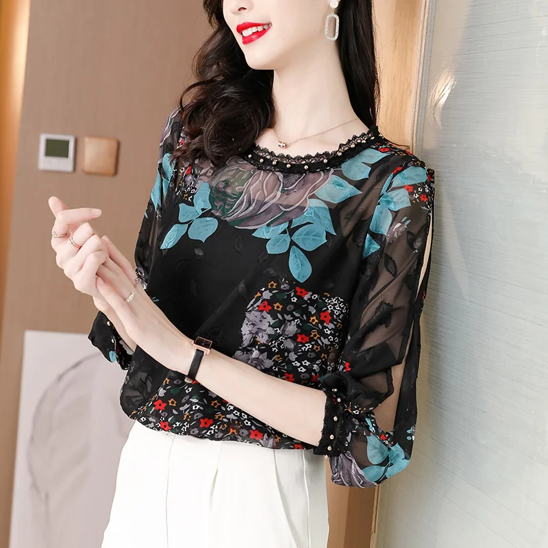 

New Style Women Chiffon Shirt Off The Shoulder Summer Breathable Print Sewing Lace Half Sleeve Crew Neck Loose Fashion Korean