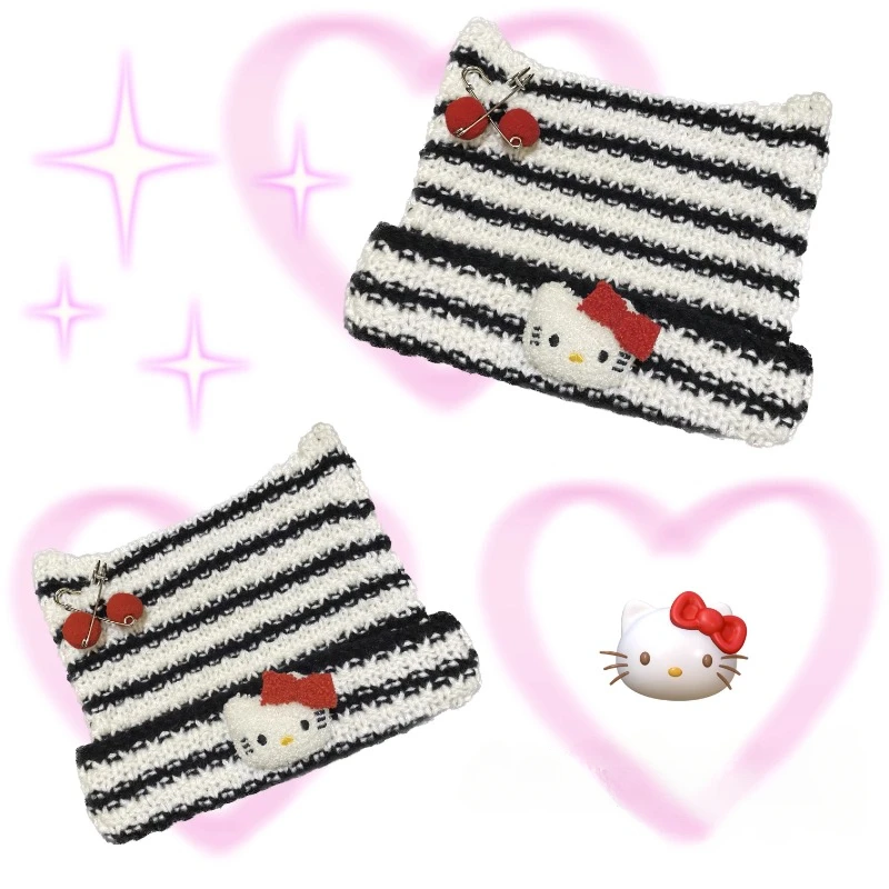 

Kawaii Sanrios Hellokittys Knitted Hat Anime Cute Cartoon Cat Ears Beans European and American Hot Girls Millennial Style Y2k