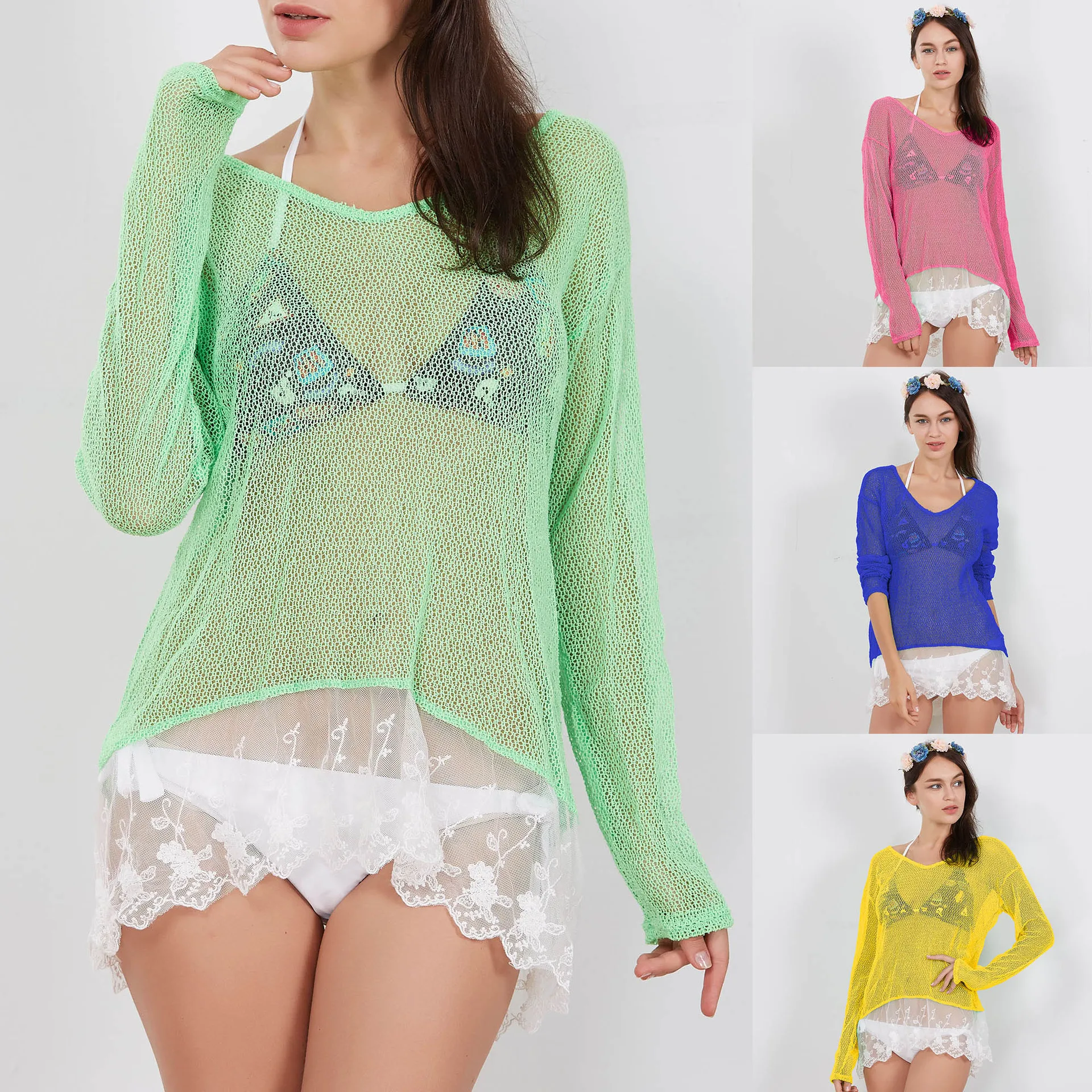 

Ladies Tops Women's Seaside Cover Up Vacation Blouses Sexy Perspective Hollow Lace Shirts Beach Dress Pareos De Playa Mujer