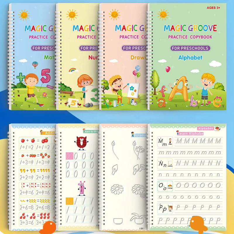 

4 Copybooks Set Reusable Magic Copybooks for Kids Children Handwriting Free Wiping Drawing Alphabet Number Math Writing Practice