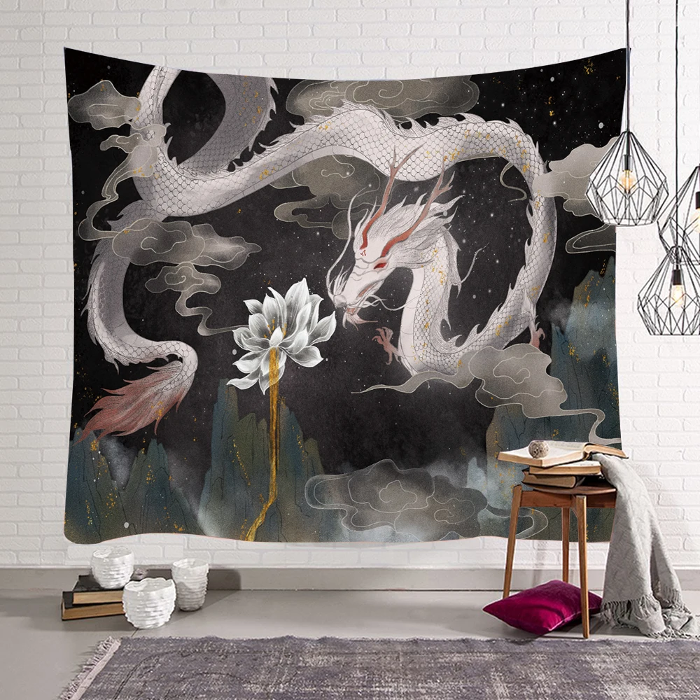 Retro Chinese Dragon Phoenix Tapestry Wall Hanging Bamboo Slips Chimes Vase Pattern Background Cloth Wall Home Dormitory Decor
