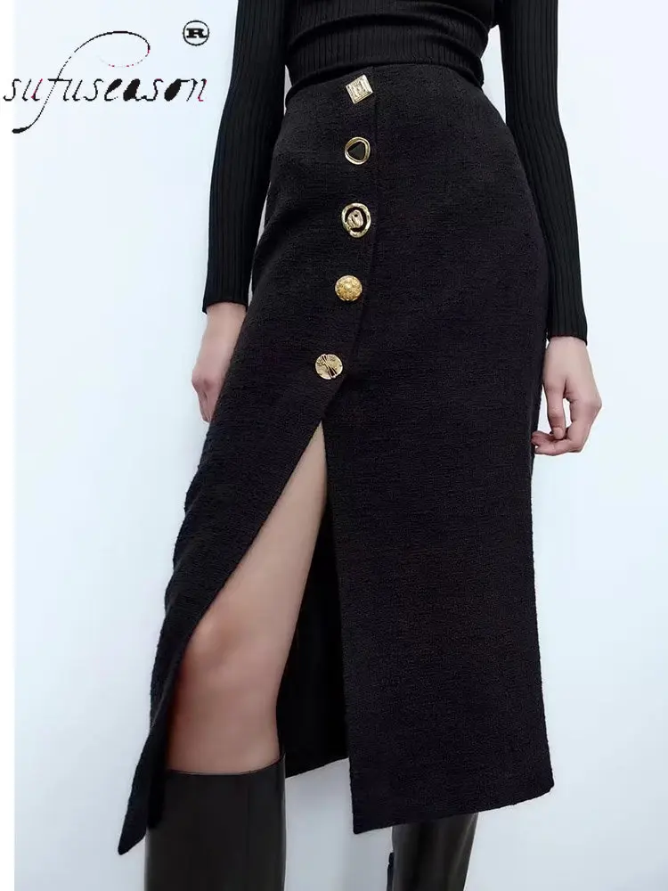

High Waist Tweed Button Pencil Midi Skirt Women Vintage Winter Clothes 2022 ZA Elegant Social Autumn Dress Fashion Casual TRAF