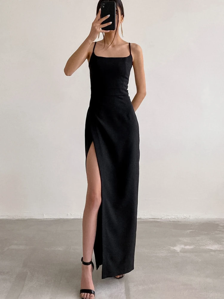 

Summer New Women's Square Neck Sleeveless Slip Dress Slim Long Skirt Thin High Split Black Dress Temperament Elegant Temperament
