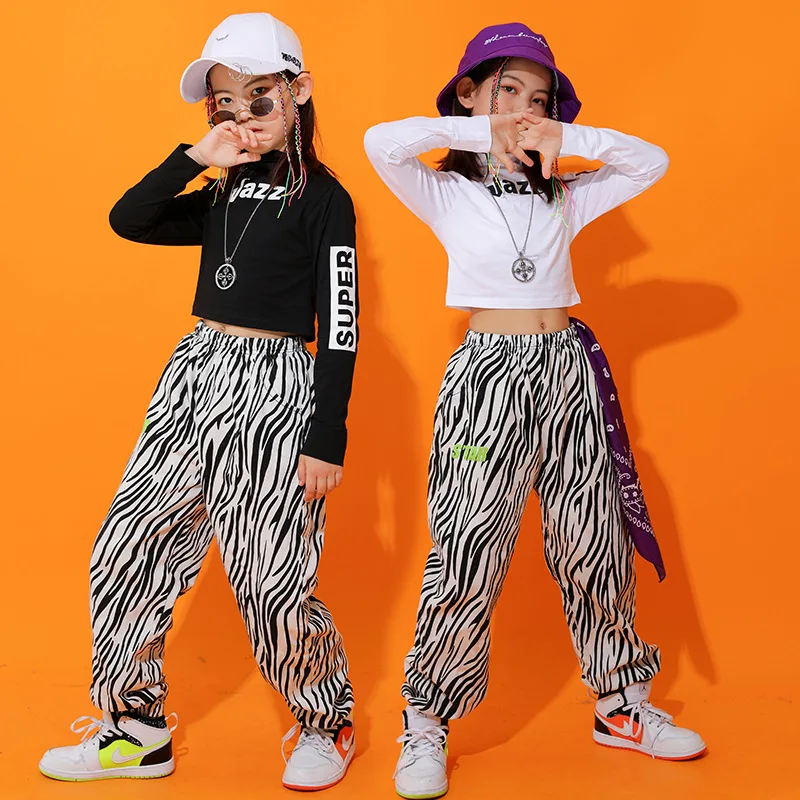 Children Spring Dance Clothes Teen Girl Fashion Long Sleeve Crop Top Zebra 2pcs Streetwear Kids Hip Hop Outfits 12 14 16 Y