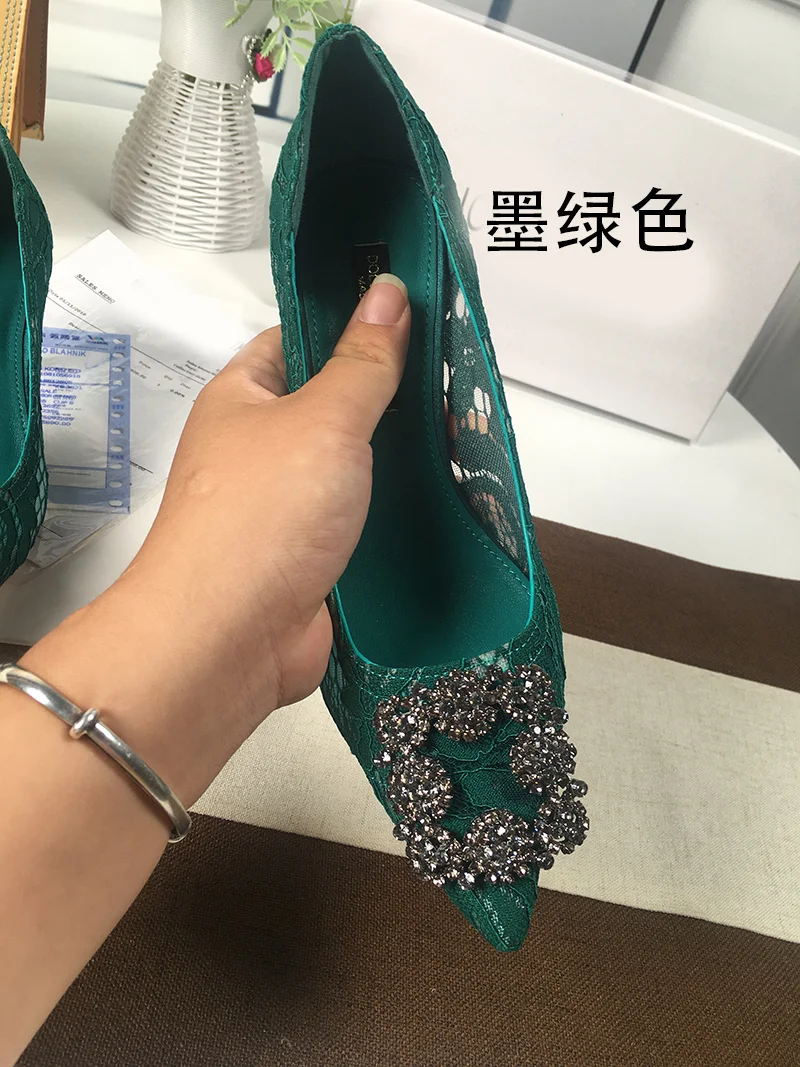 2023 Lace Pointed Toe High Heels Mesh Breathable Rhinestone Stiletto Women's Shoes