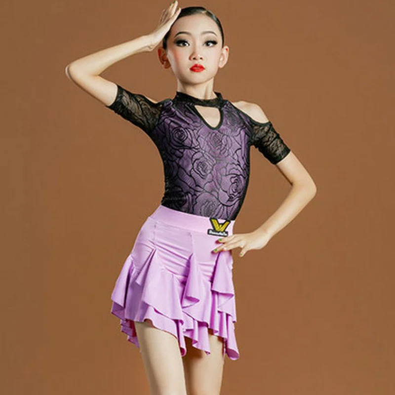 

Kids Child Ballroom Competition Dance Clothes Short Sleeved Lace Latin Top Purple Skirts For Girls Latin Dance Costume SL6481