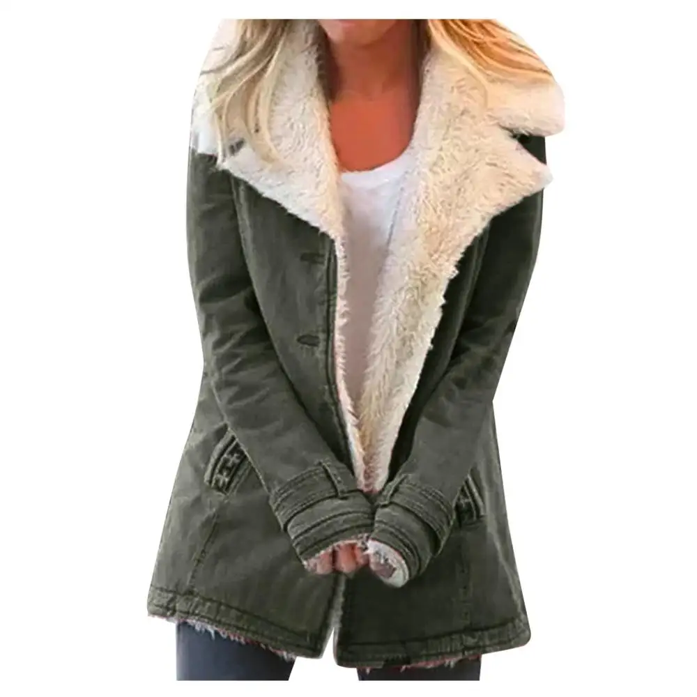 

Women Winter Warm Fleece Long Coats Composite Plush Button Lapels Jacket Outwear Thick Lady Winter Pockets Solid Coats 2022