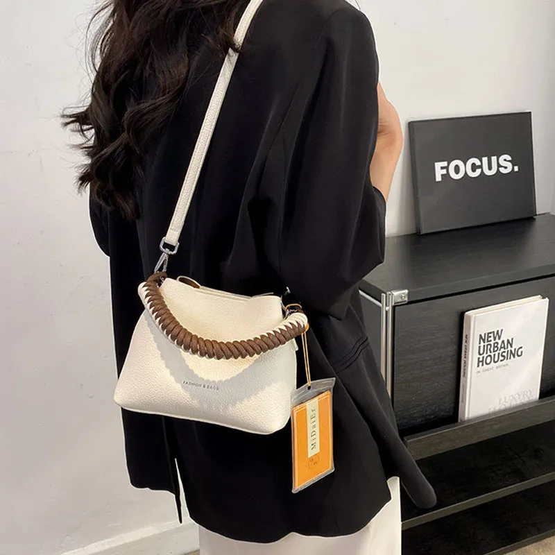 Solid Color Leather Buns Mother Single Shoulder Bags Personality Originality Weave Handle Crossbody Bags for Women Bucket Bag