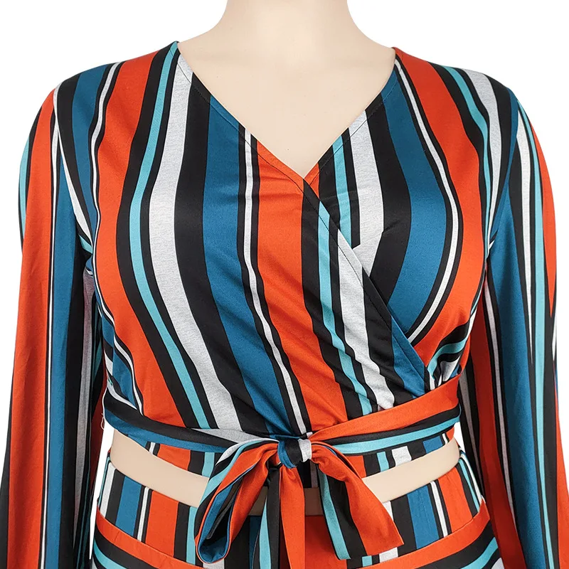 Plus Size Two Piece Dress Striped Bandage Tops And Skirts Female Luxury Party Dress Korean Style Outfit 2023 Spring Casual Sets