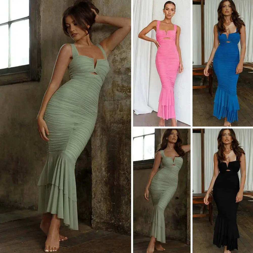 

Многослойное платье с рюшами и скрытой молнией сзади потрясающее вечернее платье Элегантное Плиссированное облегающее платье с глубоким вырезом для выпускного вечера