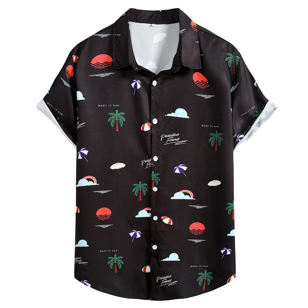

2023 New Mens Shirts Coconut Tree Digital Printing Black Man Short Sleeve Tops Male Hawaiian Beach Shirt Thin Summer Casual