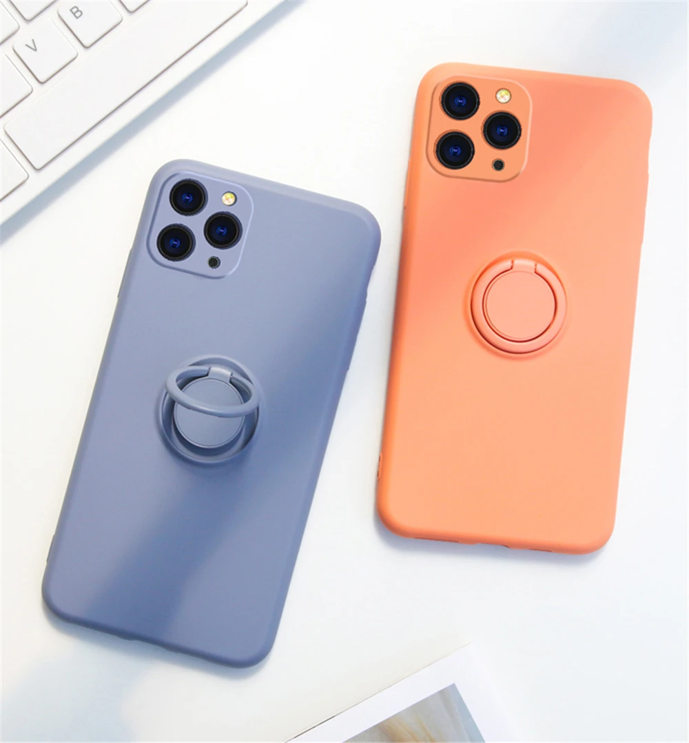 For iPhone 12 Pro Max Ring Case Liquid Silicon Square Cover for iPhone 11 13 14 X Xs Max 7 8 Plus SE 2 Magnetic Car Holder Stand