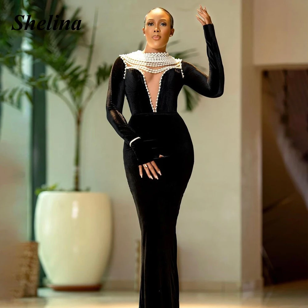 

Shelina Charming Pearls Homecoming Dresses VelourHigh-Neck Long Sleeve Trumpet Sweep Train Vestido De Noite Custom Made