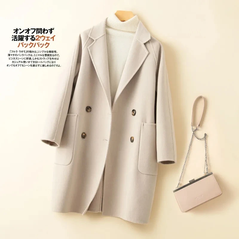 

Модное Элегантное двубортное шерстяное пальто, женская повседневная офисная куртка свободного кроя с отложным воротником и длинным рукавом, Корейская осенне-зимняя куртка