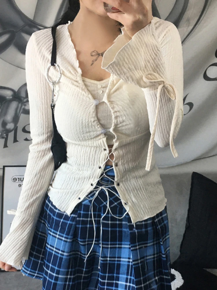 

Trumpet Sleeve Y2k Tops Lacing Women's Long Sleeve Top Knit Slim Fit Harajuku Colthing V-neck Fashion 2023 Autumn Woman Blouse