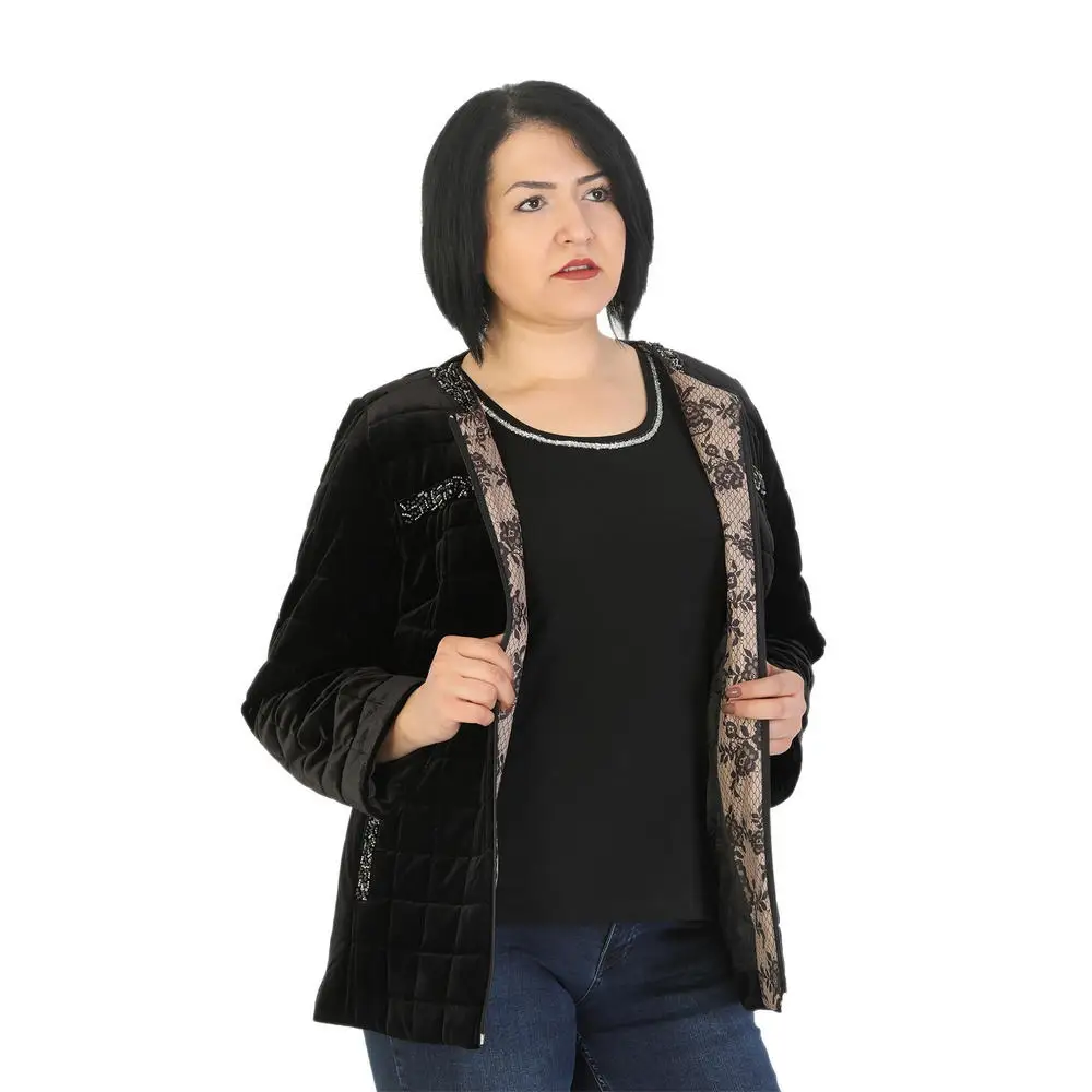 

Fcuffy women large size coats Ayl3445 round neck stone processing thick long sleeve pocket velvet black