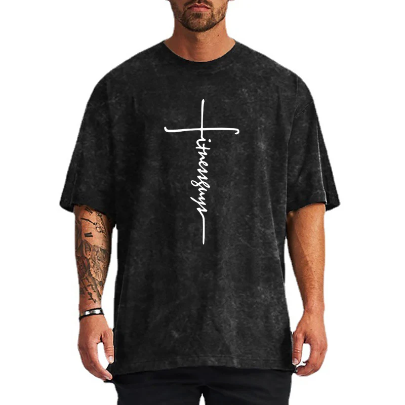 

New Fashion Short Sleeve T-shirt Men Cotton Washed Oversized Dropped Shoulder T Shirt Summer Loose Gym Fitness Sports Tshirt