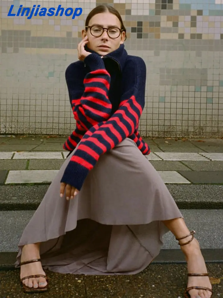 

Женский свитер 2022, Модные Полосатые свободные вязаные свитера на молнии, винтажный Асимметричный Женский пуловер с длинным рукавом, топы