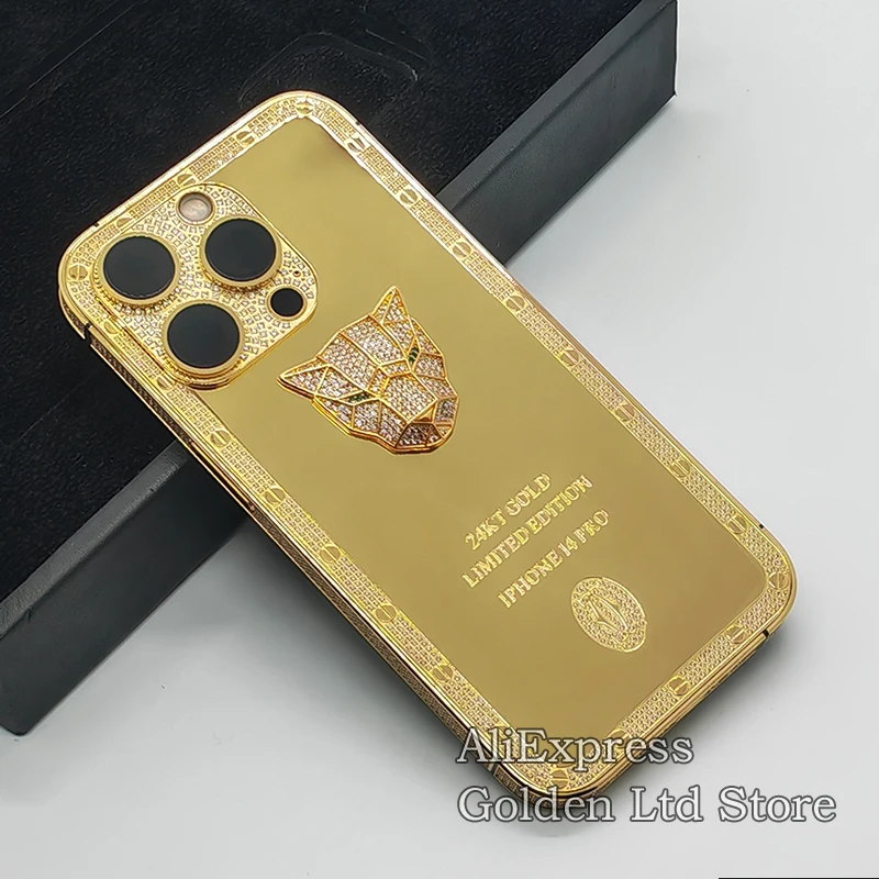 iPhone14Pro Max back shell housing 24K gold set diamond leopard head private custom limited edition back shell