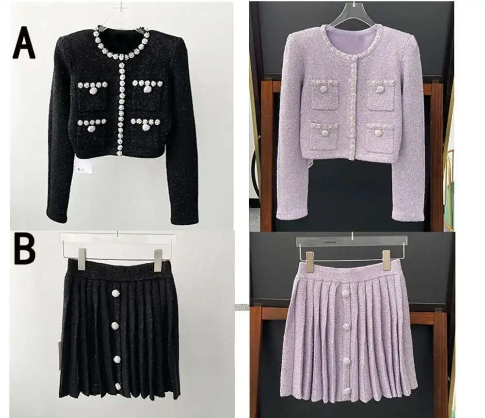 Фото Luxury Quality Autumn Sweater Knitted Two Piece Set For Women Cardigans Short Skirts Suits Beading Diamonds Knitting Top Pleated №4