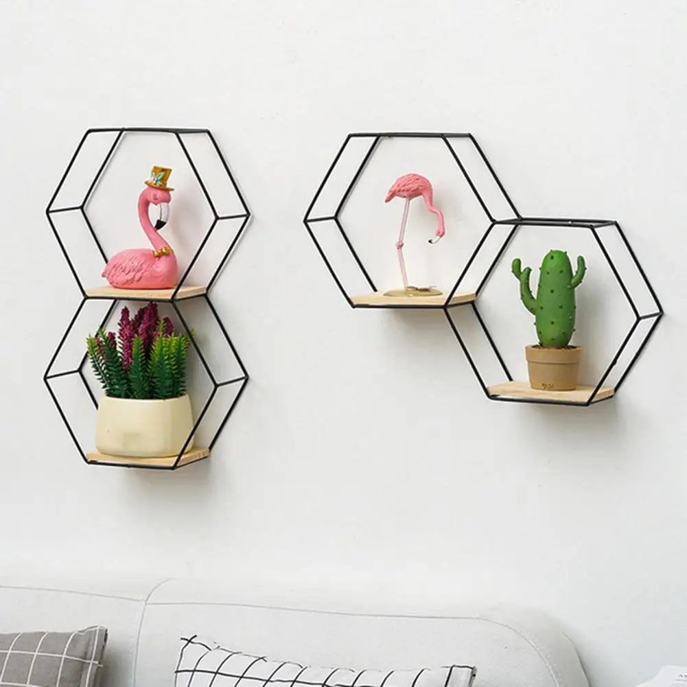 

Iron Storage Holder Wall-mounted Nordic Style Geometric Firm Hexagonal Shelf for Home Decorative Shelves Floating Display Shelf